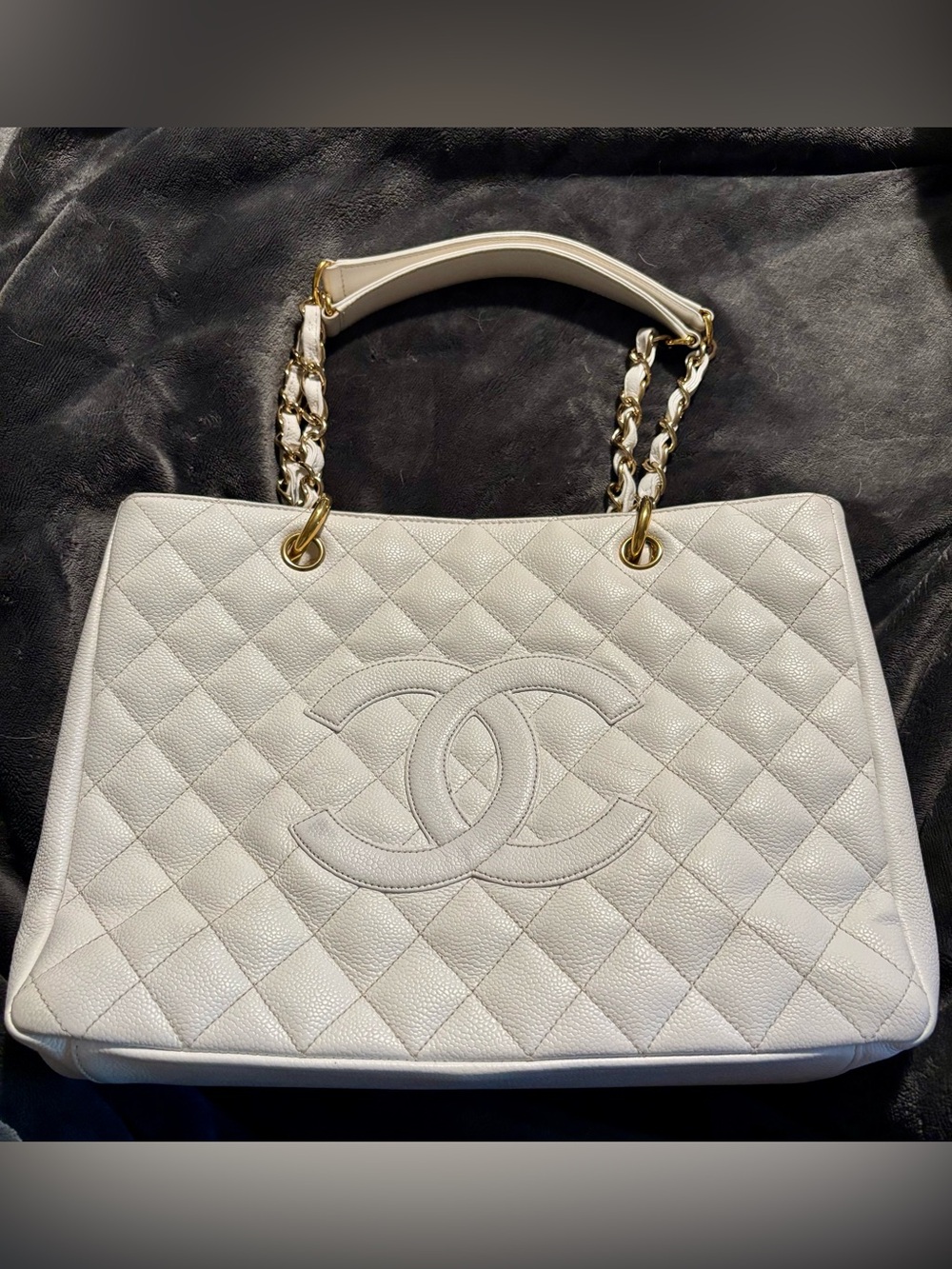 CHANEL Grand Shopper Tote (GST) Caviar Leather Tote with Gold Chain Handles